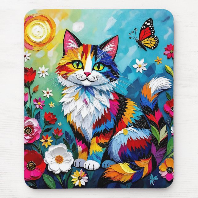 Mousepad Colorful Cat and Butterfly (Frente)