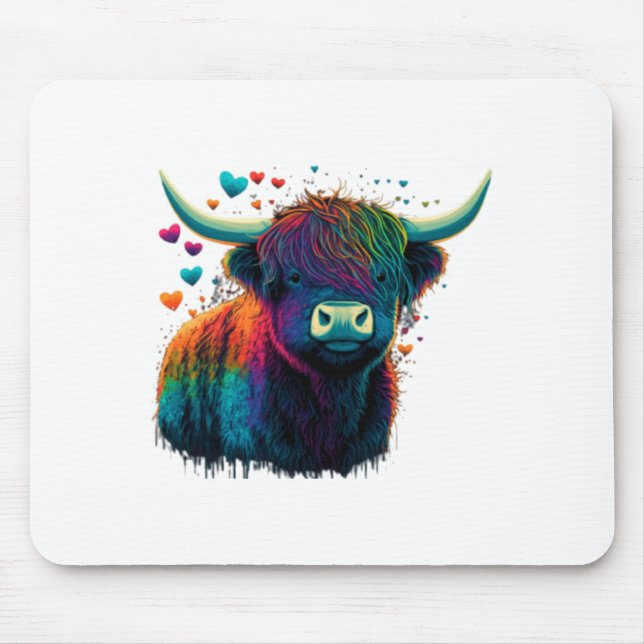 Mousepad Colorful Highland Cow Valentines Day Farm Cow  (Frente)