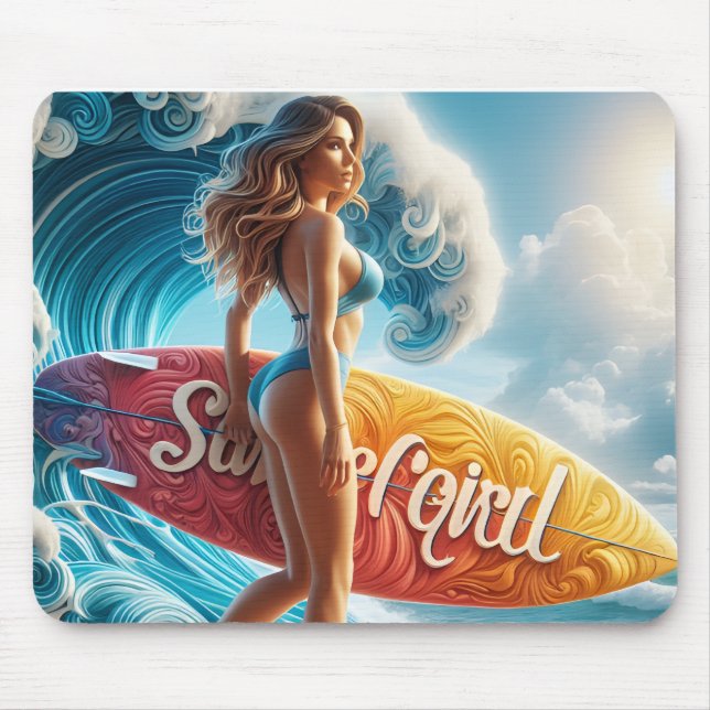 Mousepad Confident Surfer Girl Walking Beach Waves Art (Frente)