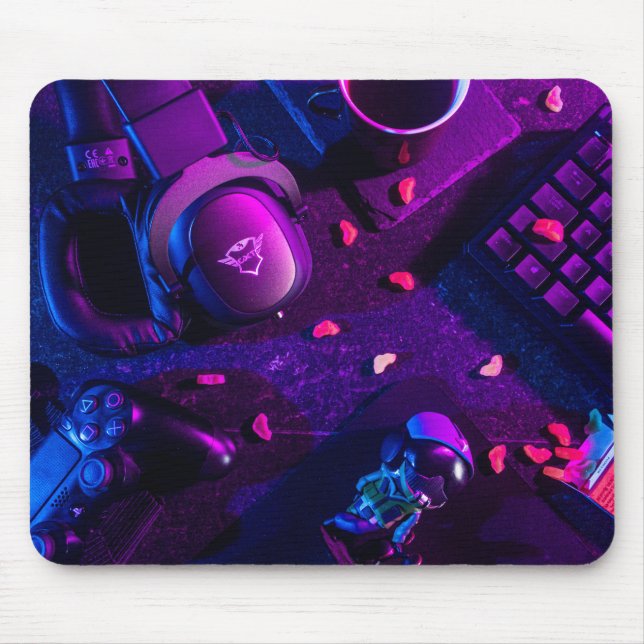 Mousepad Configuração de Jogo Neon RGB Moderna Flatlay Mous (Frente)