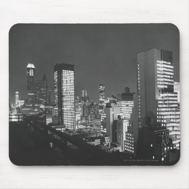 Mousepad Construções da cidade na noite B&W, vista elevado (Frente)