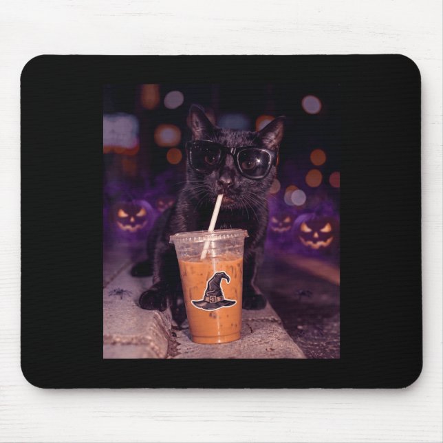 Mousepad Cool black cat drinking iced coffee halloween (Frente)