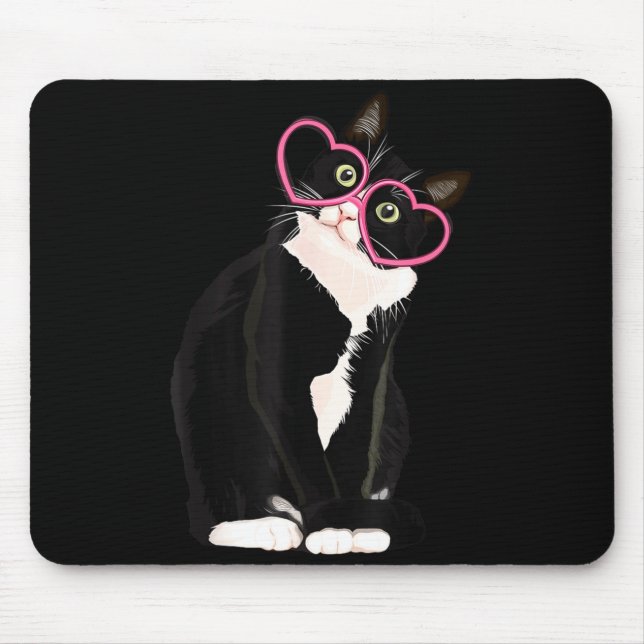 Mousepad Cool Black Cat Kitten Red Heart Gles Happy Valenti (Frente)