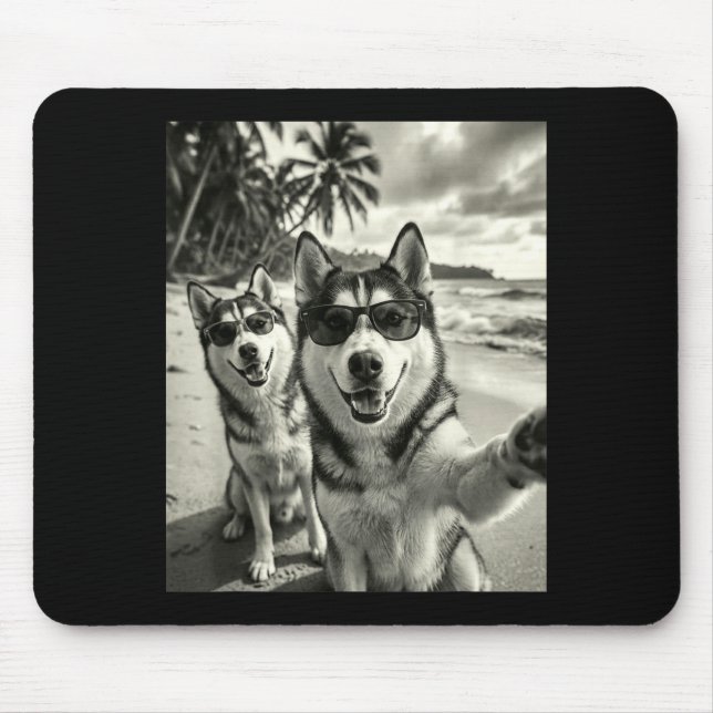 Mousepad Cool siberian husky funny dog selfie beach (Frente)