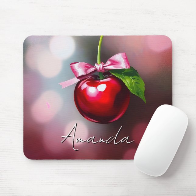 Mousepad Coquette Cherry com Arco rosa e folha (Com mouse)
