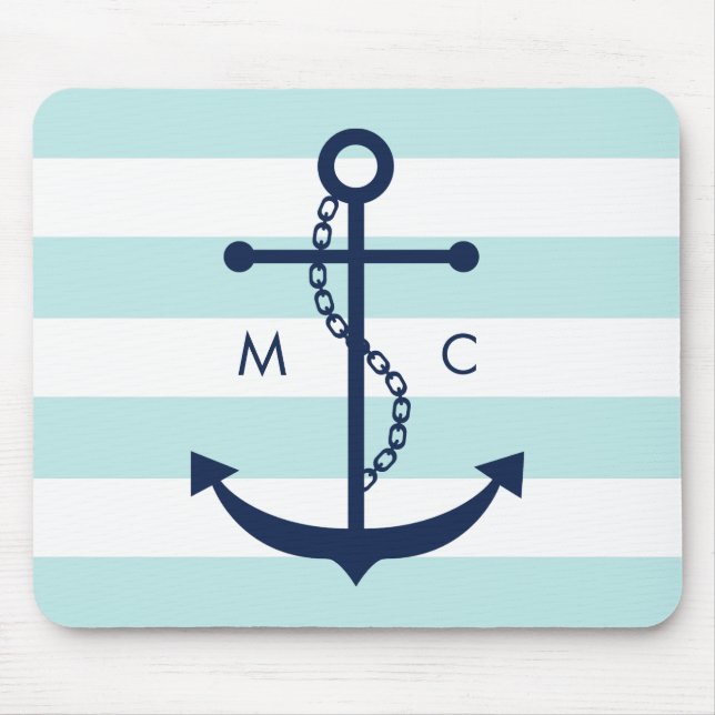 Mousepad Cor Azul Branco Monograma Stripes Anchor (Frente)