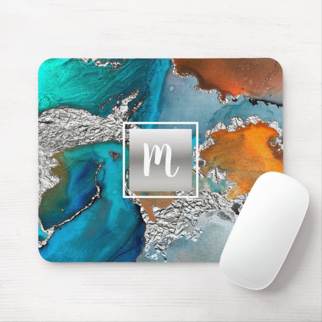 Mousepad Cor d'água do monograma turquesa prateada laranja (Com mouse)