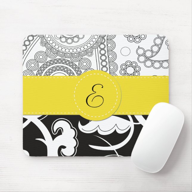 Mousepad Cor damasco, Damasco Preto e Branco, Monograma (Com mouse)