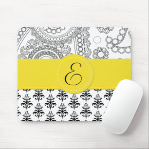 Mousepad Cor damasco, Damasco Preto e Branco, Monograma