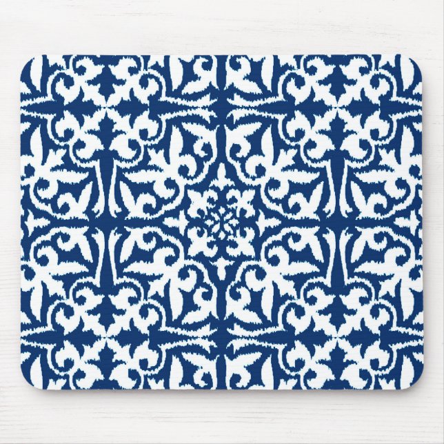 Mousepad Cor damasco de Ikat - azuis cobaltos e branco (Frente)