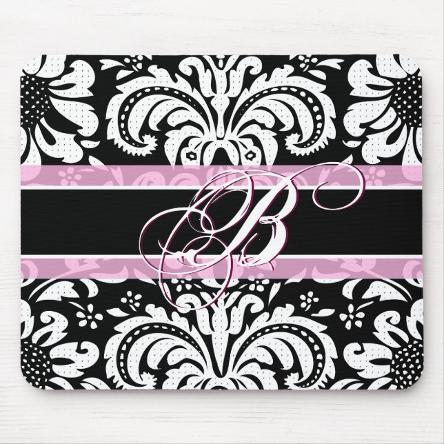 Mousepad Cor damasco Floral Preta Branco e Rosa (Frente)
