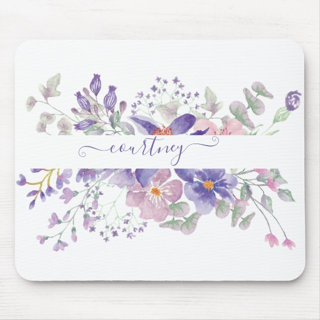 Mousepad Cor de água rosa e púrpura, floral personalizado (Frente)