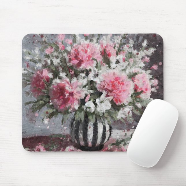 Mousepad Cor rosa Flor de Cravagem Floral, Preto (Com mouse)