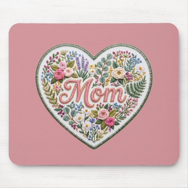 Mousepad Coração de Bordado Falso Floral Mamãe (Frente)