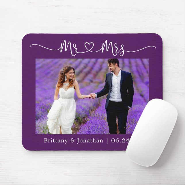 Mousepad Coração de Caligrafia Sr. Sra. Casamento Roxo (Com mouse)