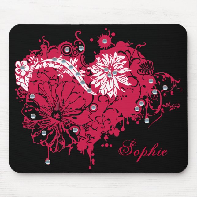 Mousepad Coração do Grunge, flores & ilustração cor-de-rosa (Frente)