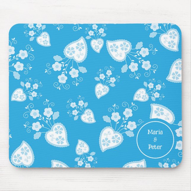 Mousepad Coração flor azul com padrão de flores (Frente)