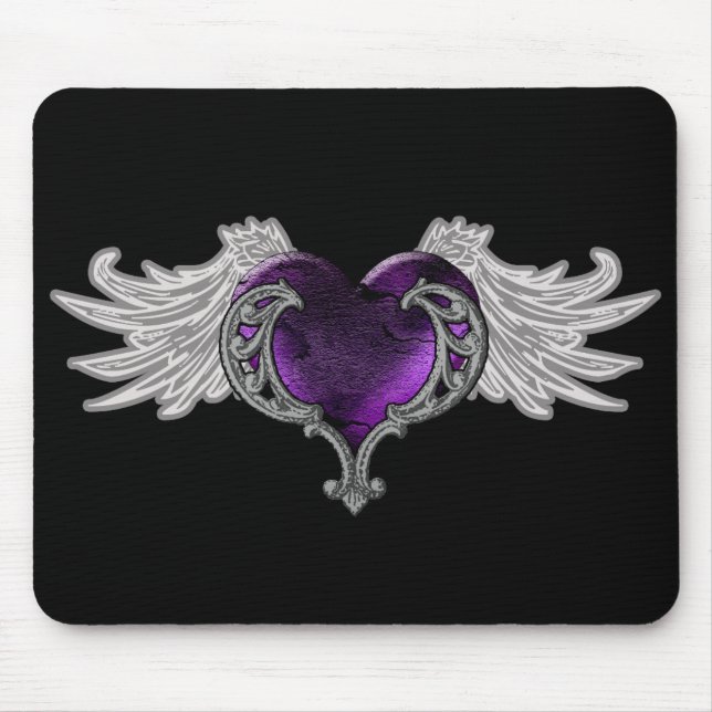 Mousepad Coração Roxo Gótico com Asas de Anjo (Frente)