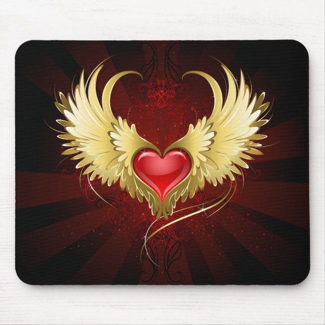 Mousepad Coração Vermelho com Asas Ouros (Frente)