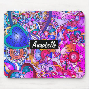 Mousepad Corações Coloridos e Flores Abstrato Personalizada