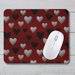 Mousepad Corações de Brilho Prata e Preto no Burgundy no Di
