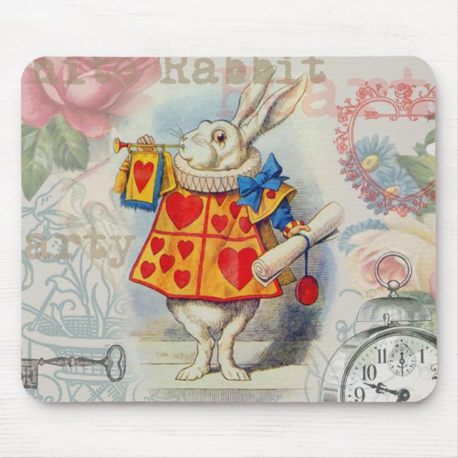 Mousepad Corações do Coelho Branco Alice Clássico (Frente)