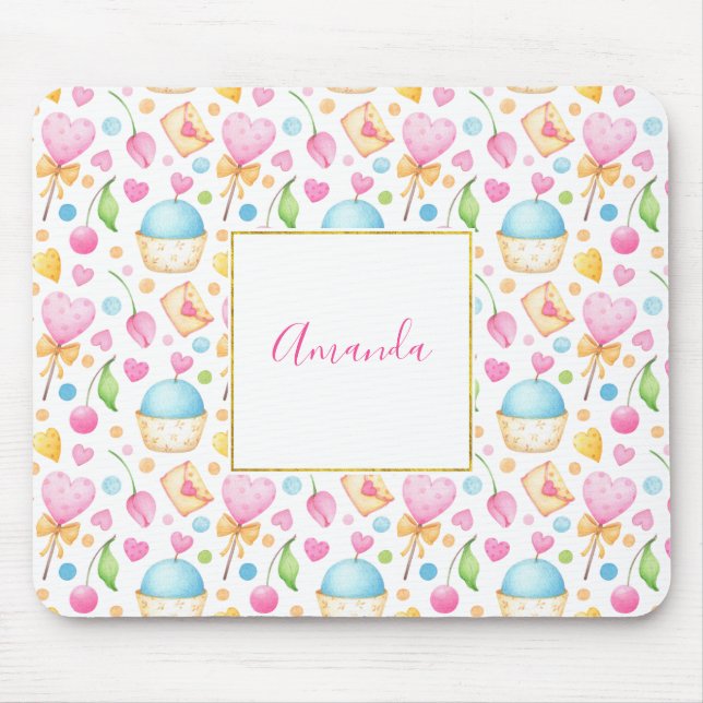 Mousepad Corações e Cupcakes Padrões de Aquarela Doce (Frente)
