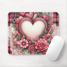 MOUSEPAD CORACÕES E FLORES XADREZ ROSA DO DIA DOS NAMORADOS