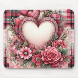 MOUSEPAD CORACÕES E FLORES XADREZ ROSA DO DIA DOS NAMORADOS