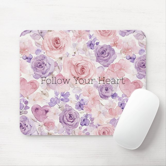 Mousepad Corações Flores Roxas Rosa (Com mouse)