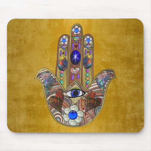 Mousepad Corações Hamsa Flores Opala Arte em Ouro (Frente)