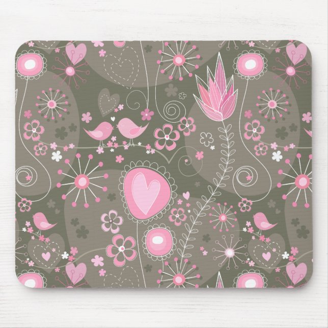 Mousepad Corações, Pássaros e Flores, de Cor Rosa e Cinzas (Frente)