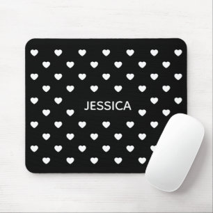Mousepad Corações Preto Branco Padrão Bolinhas Personalizad