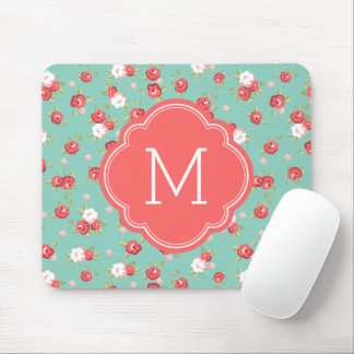Mousepad Coral e Aqua Chic Vintage Floral Impressão Monogra
