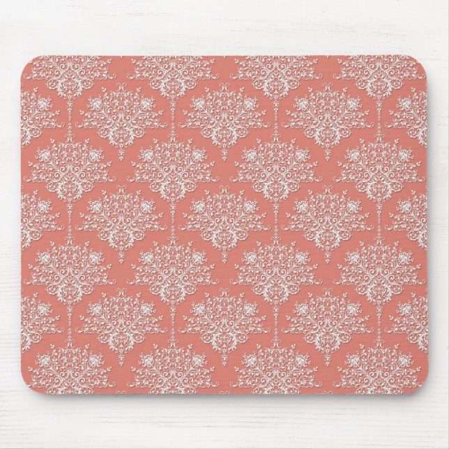 Mousepad Coral e Damasco Floral Elegante Branco (Frente)