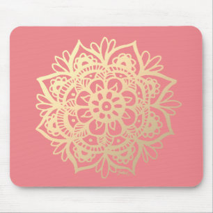 Mousepad Coral rosa e Dourada Flor Mandala