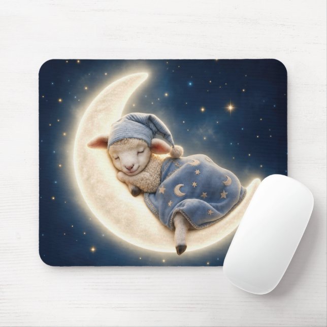 Mousepad Cordeiro Dormindo em uma Lua Crescente (Com mouse)