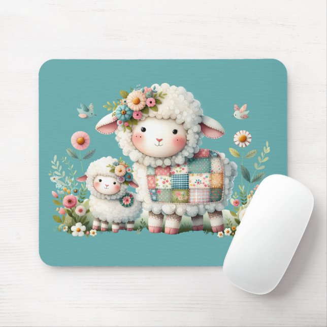 Mousepad Corderinhos Fofos com Acentos Florais e Patchwork (Com mouse)