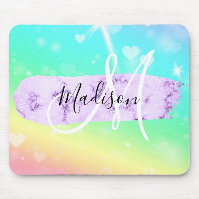 Mousepad Cores Gatinho Unicórnio Arco-Íris Corações Monogra (Frente)