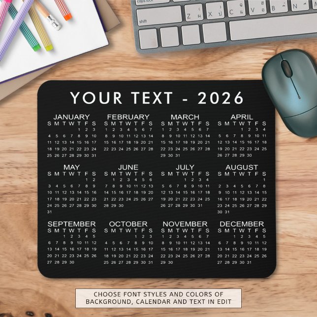 Mousepad Cores Personalizadas do Calendário Simples 2026 (Criador carregado)