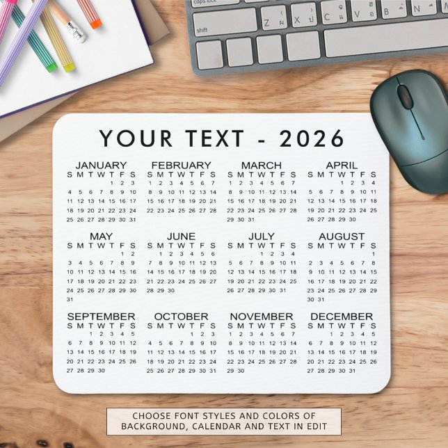 Mousepad Cores Personalizadas do Calendário Simples 2026 (Criador carregado)