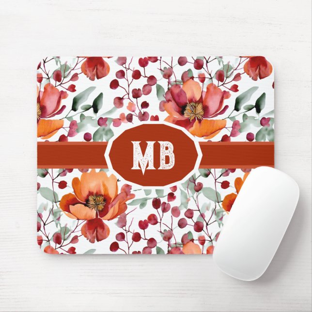 Mousepad Cores Terrosas, Flores de Outono Monogramadas (Com mouse)