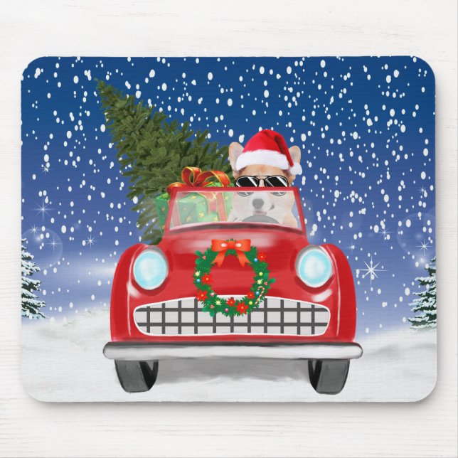 Mousepad Corgi Cachorro Dirigindo Carro Na Neve Natal  (Frente)