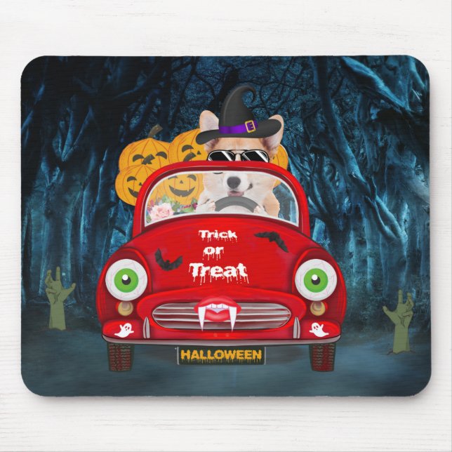 Mousepad Corgi Cão Dirigindo Carro Assustador Halloween (Frente)