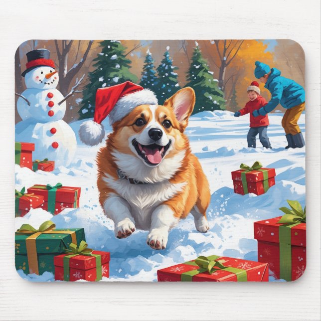 Mousepad Corgi Correndo na Neve com Chapéu de Natal (Frente)