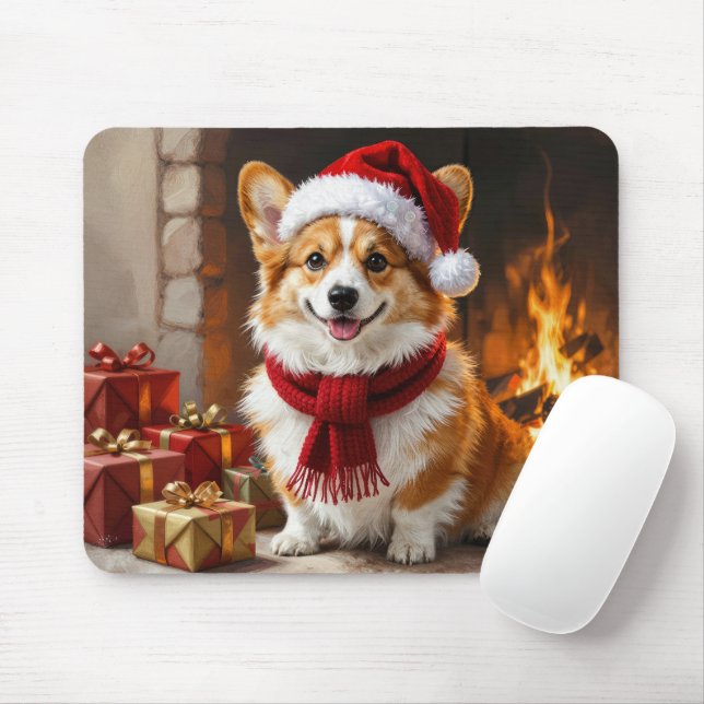 Mousepad Corgi de Natal ao lado da Lareira (Com mouse)