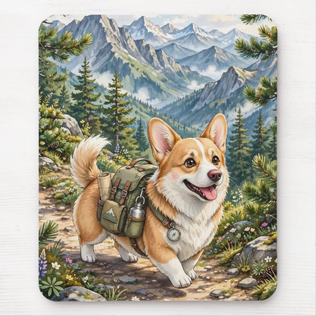 Mousepad Corgi Hiking em Montanhas Aquarela   (Frente)