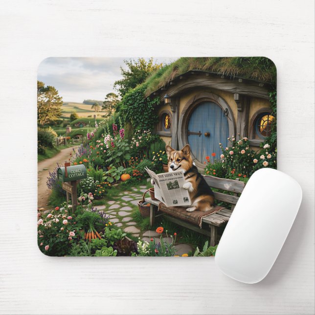 Mousepad Corgi lendo jornal local no jardim (Com mouse)
