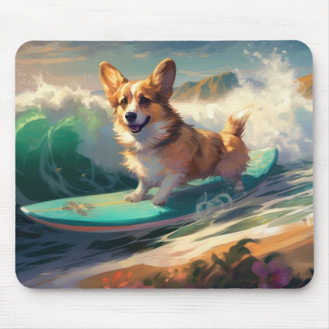 Mousepad Corgi  Praia Surfando Pintura (Frente)