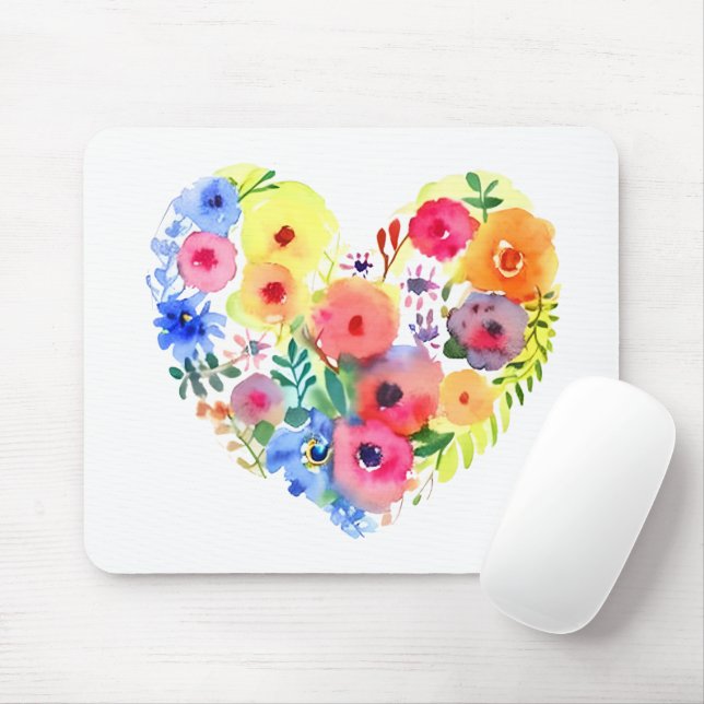 Mousepad Coroa de Coração Floral em Aquarela Pastel (Com mouse)